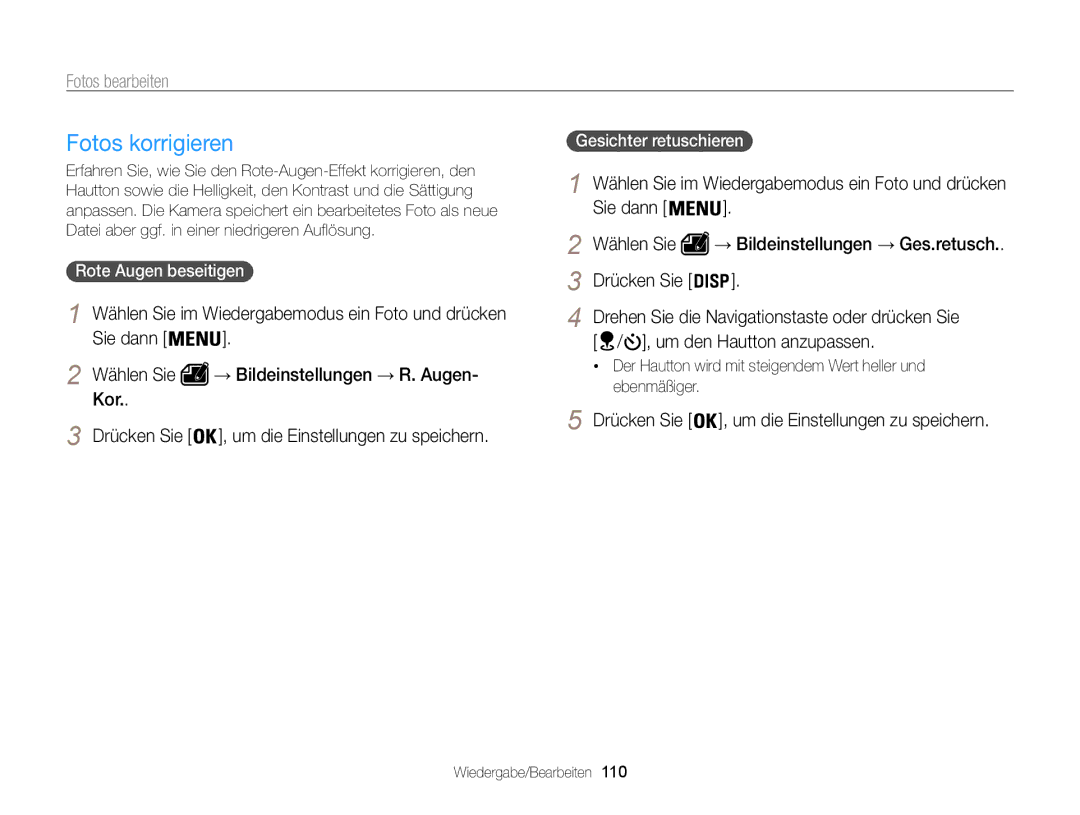 Samsung WB855F, WB850F manual Rote Augen beseitigen , Gesichter retuschieren  